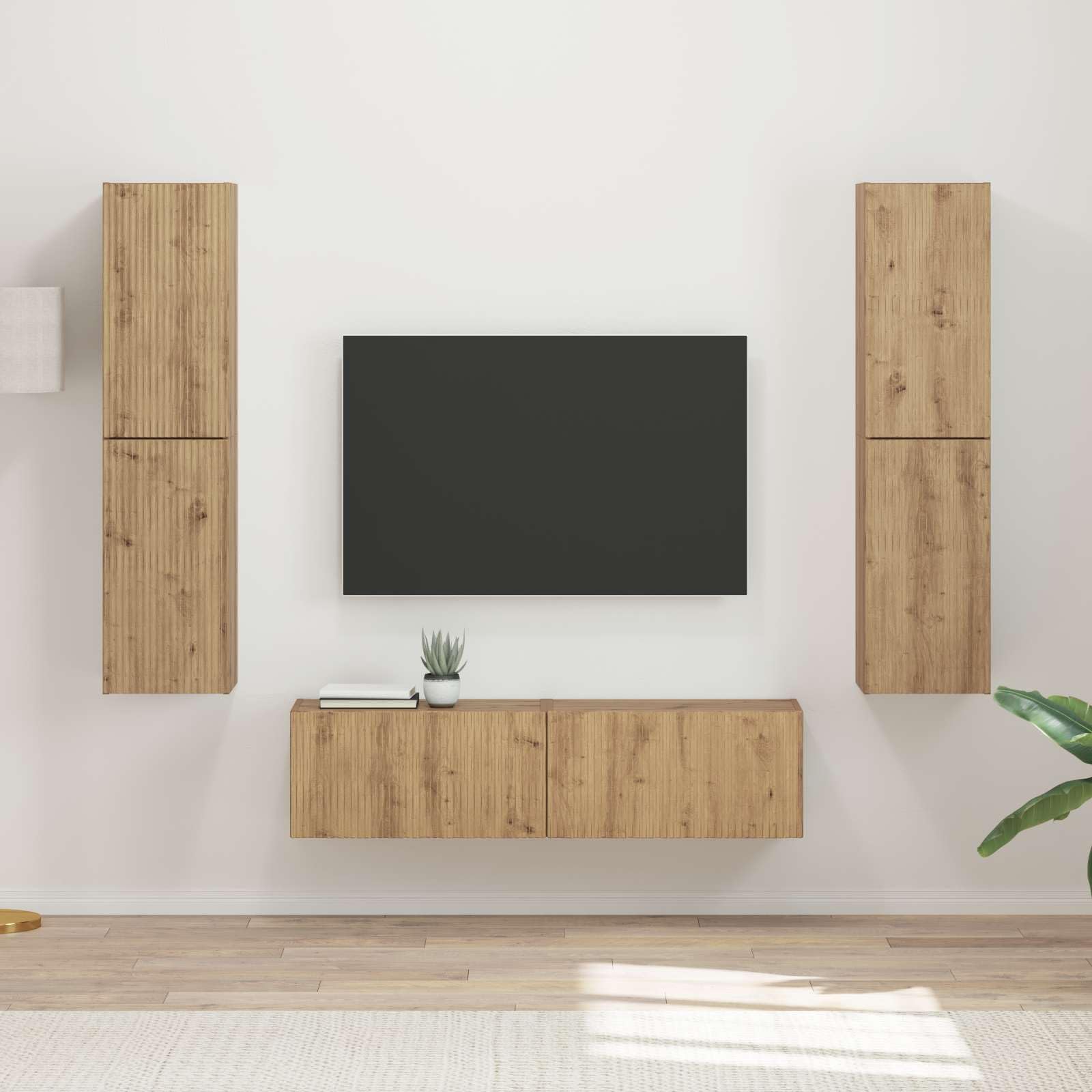 Mobile basso per TV, moderna credenza con illuminazione a LED, rovere Artisan, 30 x 31 x 60 cm, robusta, con ante scorrevoli, per soggiorno, ufficio e camera da letto