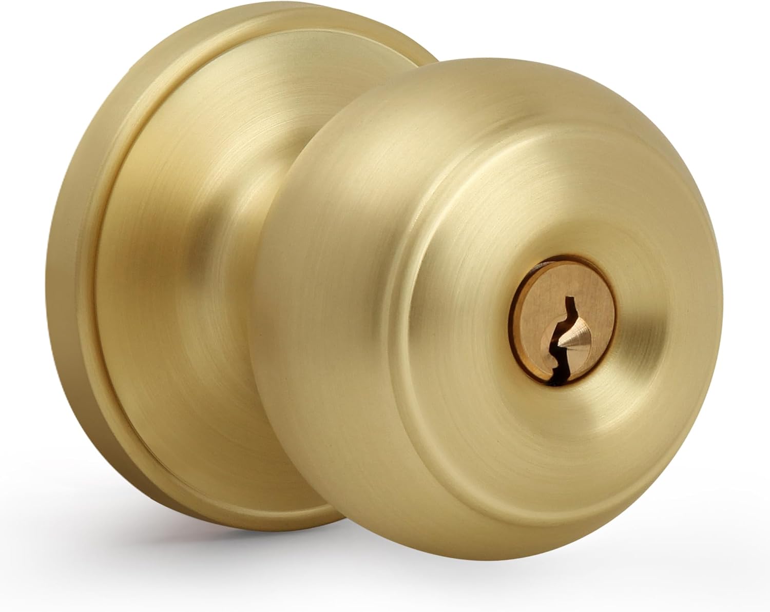 Keyed Entry Door Knob, Flat Ball Interior Door Knob with Lock, Round Exterior Doorknob for Front/Entrance Doors, Satin Brass