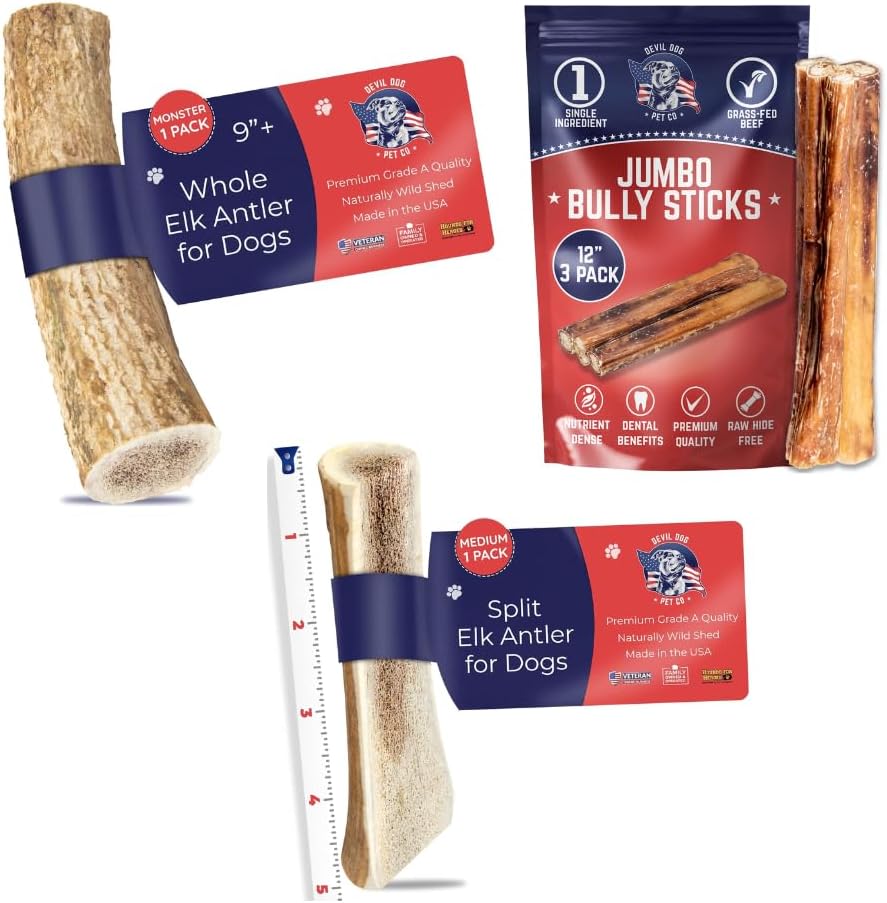 Devil Dog Pet Co (1) Whole Antler Monster 1 Pack + (1) Bully Stick Ultra Thick 12 in 3 Pack + (1) Split Antler Medium 1 Pack | Value Pack