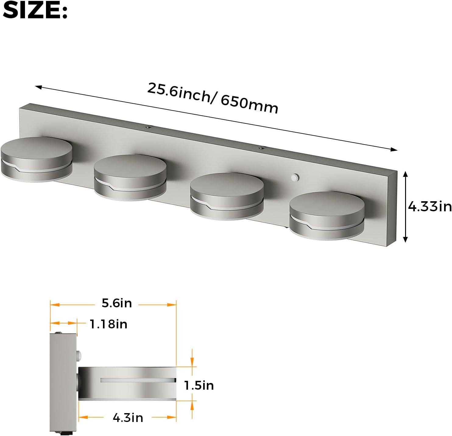 26" Motion Sensor Vanity Light Brushed Nickel, 3CCT 4-Light Modern LED Bathroom Lighting Fixtures Over Mirror, Dimmable Rotatable Head Wall Sconce, 3000K-6000K Color Selectable