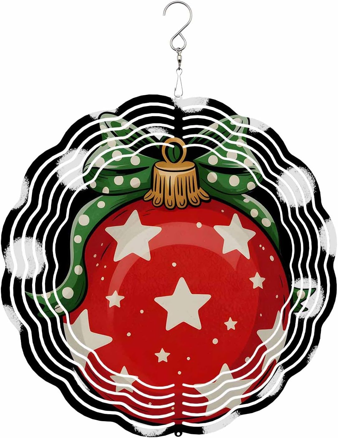 Merry Christmas Wind Spinner 3D Stainless Steel, 12 Inch Double Sided Circle Hanging Wind Spinners, Xmas Ball White Polka Dots Garden Art Wind Sculpture for Yard Porch Front Door