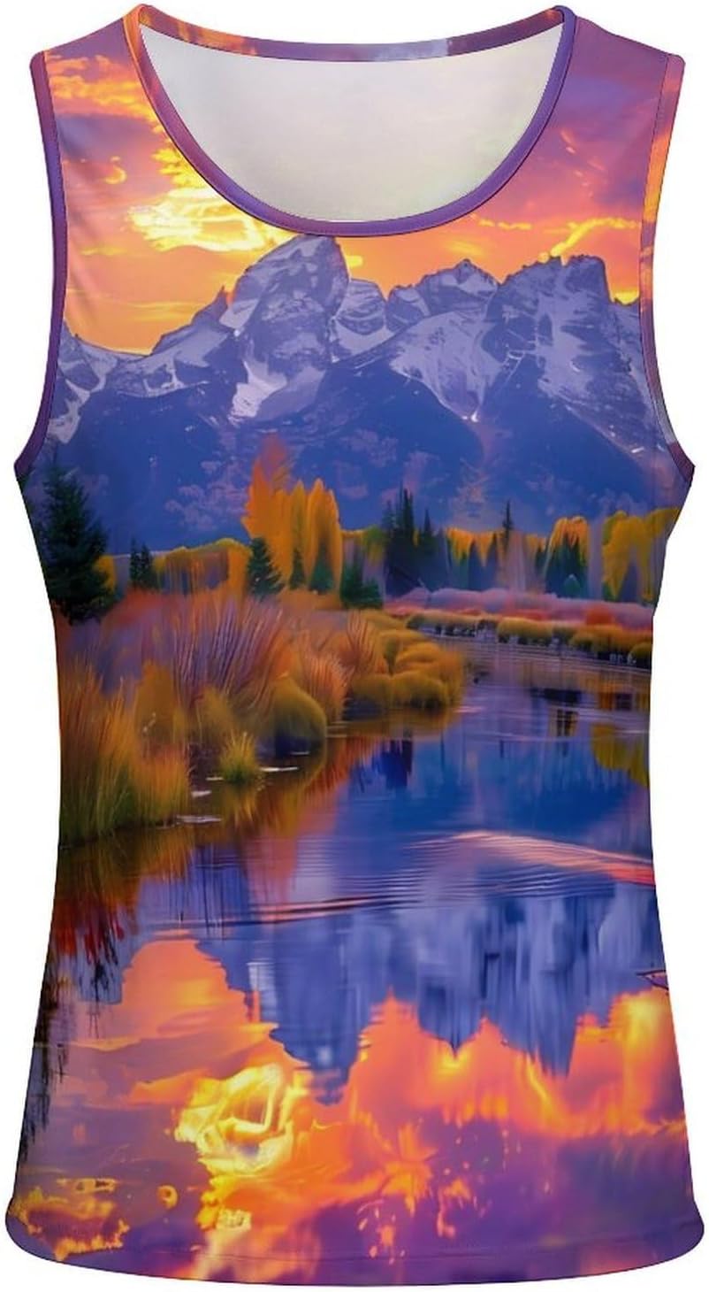 Grand Teton Wyoming Mountains Men's Tank Top Sleeveless Muscle Shirts Vest Beach T Shirts for Workout Gym