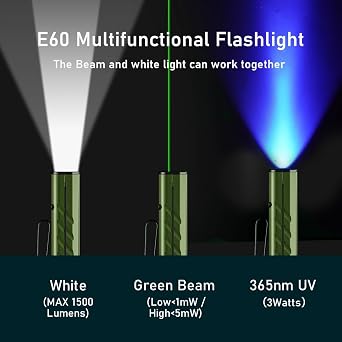 RovyVon E60 3-in-1 Rechargeable EDC Flashlight with White/UV/Red Sidelights | 1500 Lumens White Light, Green Beam(<5mW), 3W UV Light Front Combo, Slim Flat Flashlight for Outdoor, Camping, Emergencies
