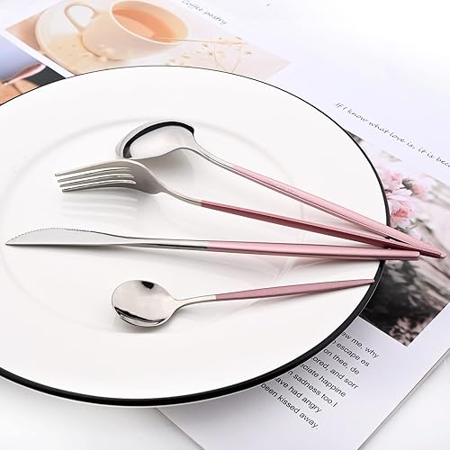 Miniatura 10 de Juego de cubiertos de espejo, 24 piezas de cubiertos de acero inoxidable 180 con mango rojo, vajilla simple y moderna para el hogar, fiesta,