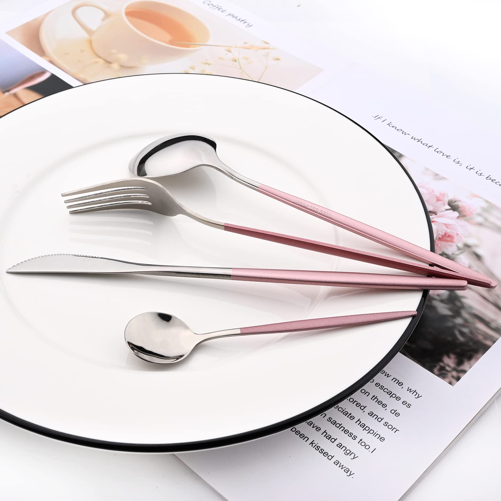 Juego de cubiertos de espejo, 24 piezas de cubiertos de acero inoxidable 18/0 con mango rosa, vajilla simple y moderna para fiesta en casa, restaurante, cena de Navidad, servicio para 6 (rosa