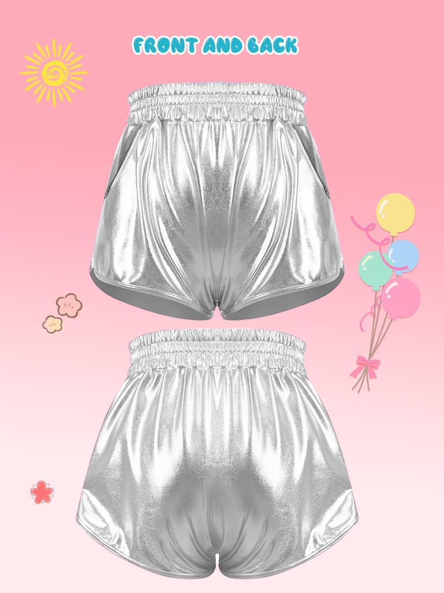YgneeDom Girls Metallic Shorts Shiny Dance Hot Pants Sparkly Athletic Shorts 80s Outfits Pants for Kids