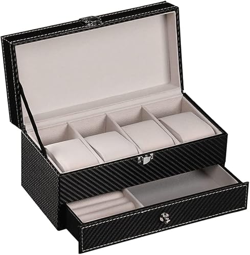 TIANQIHAO Watch Box Pu Leather Jewelry Organizer Travel Display Case For Men/Women 4 Slots Magnetic Top Black,Black