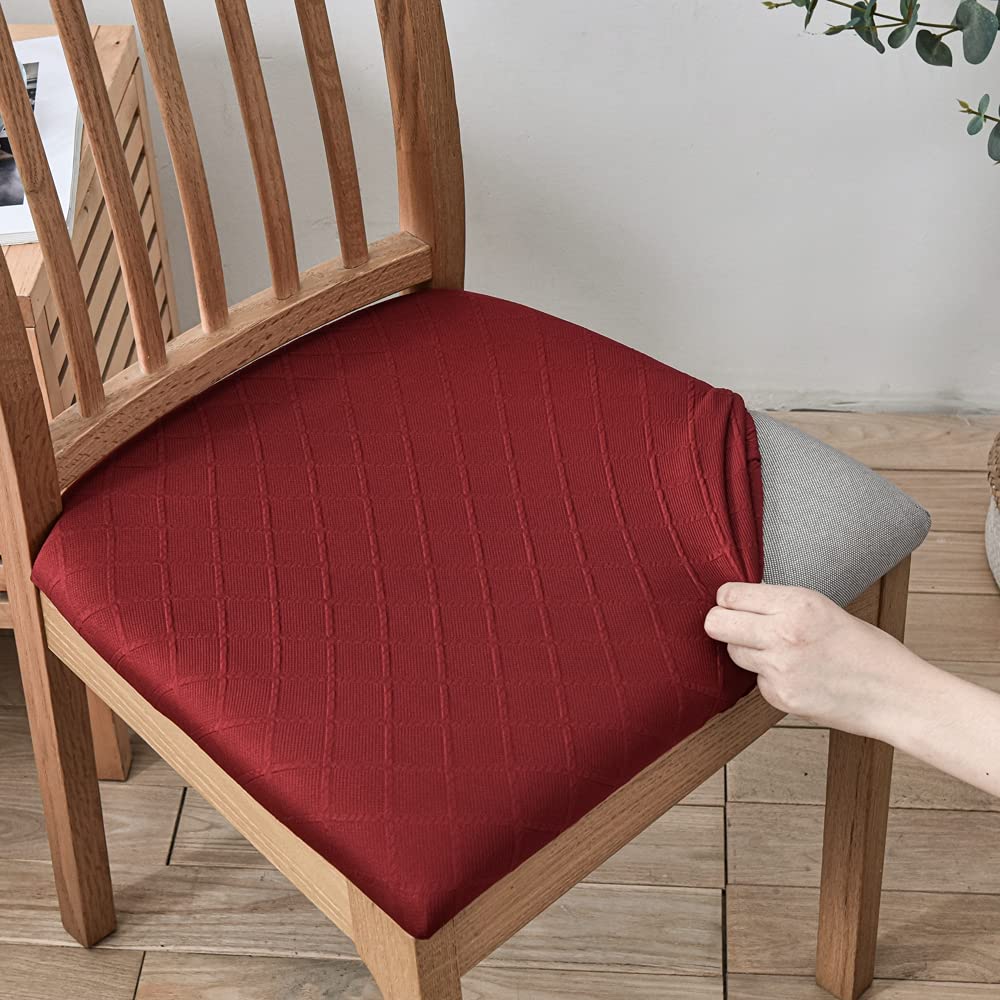Highdi Burgundy Red Dining Chair Seat Covers Set Of 2/4/6, Jacquard Stretch Spandex Seat Cushion Slipcovers With Buckle Removable Washable Seat Protector Cover For Living Room Office Hotel (,4 Pcs)