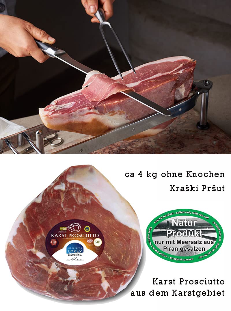 Delikatess Luftgetrockneter Karst Prosciutto - Kraški Pršut ca. 3,5 kg ohne Schwarte 12 Monate gereift mit Meersalz aus der Saline von Piran, Istrien (Einweg)