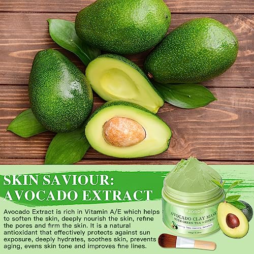 Pjordo Avocado Clay Mask, Green Tea Clay Mud Mask, 150G/5.29 Oz Skin Care Detox Face Mask With Mask Brush For Deep Cleansing, Oil Control, Anti-Acne, Refining Pores, Soothing, Nourishing #TOP5