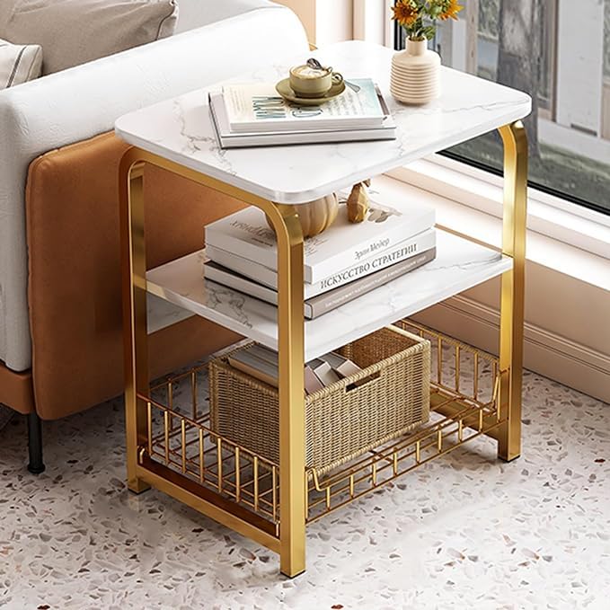 Brikipth White and Gold Side Table with Charging Station and USB Ports,3-Tier End Bedside Table with Storage Basket for Small Spaces,Modern Nightstand with Metal Frame and Marble Grain for Bedroom Brikipth White and Gold Side Table with Charging Station and USB Ports,3-Tier End Bedside Table with Storage Basket for Small Spaces,Modern Nightstand with Metal Frame and Marble Grain for Bedroom