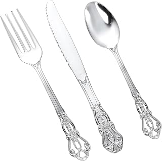 150PCS Silver Plastic Silverware - Heavy Duty Silver Disposable Cutlery - Fancy Plastic Utensils Flatware Include 50 Forks, 50 Spoons, 50 Knives for Catering, Parties, Dinners, Weddings