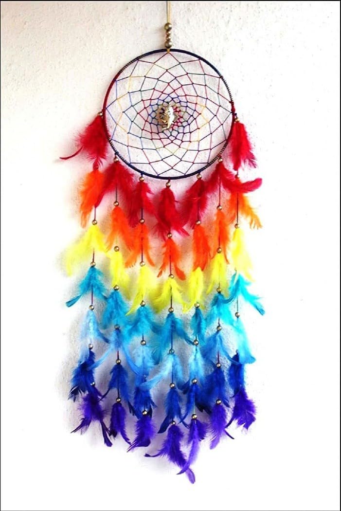 dream catcher, Wallhanging Handmade,Items for Bedroom,Cafe, Balcony,Party,Hall Aluminium, Feather, Nylon, Wood, Wool Windchime (30 inch, Red, Orange, Yellow, Blue) BZ_Rainbow Colors-image-9