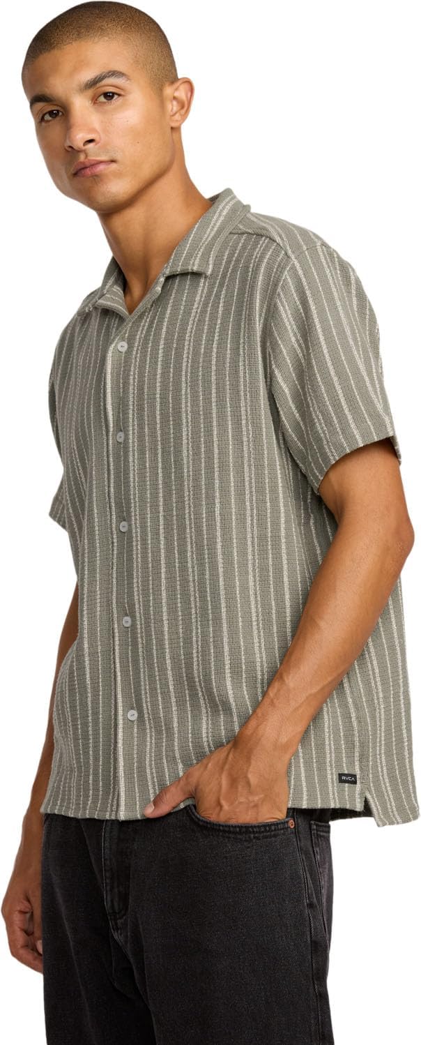 RVCA - Mens Vacancy Stripe Short Sleeve Shirt, Color Light Olive, Size: Small