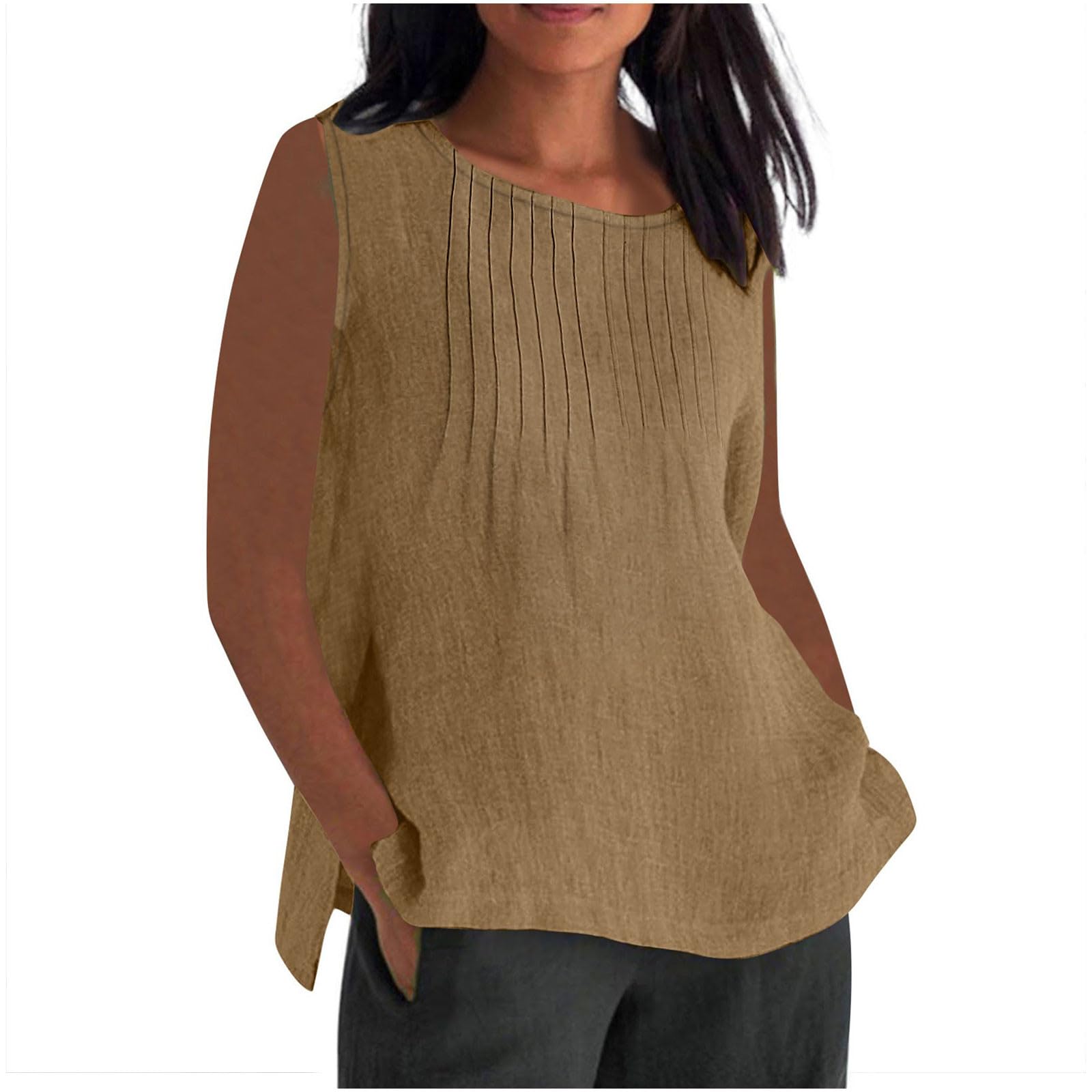 RLEHJN Musselin Tank Top Damen,Lang Trägertop Locker T-Shirt Lässige Baumwoll Leinen Tanktops Sommer Plissierte Ärmelloses Tunika Leichte Damen T-Shirt Strand Vest Blusentop Übergröße S-5XL