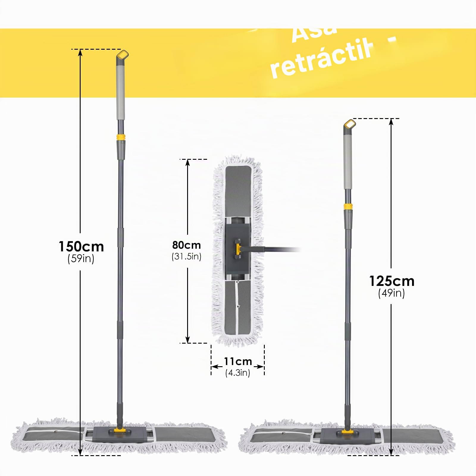 Fregona Grande Plana, Mopa para Limpiar con Manico Telescopico, Fregona Industrial de Suelo Profesional con 3 Tamponi in Microfibra en Seco y en Húmedo, 80*11*154cm