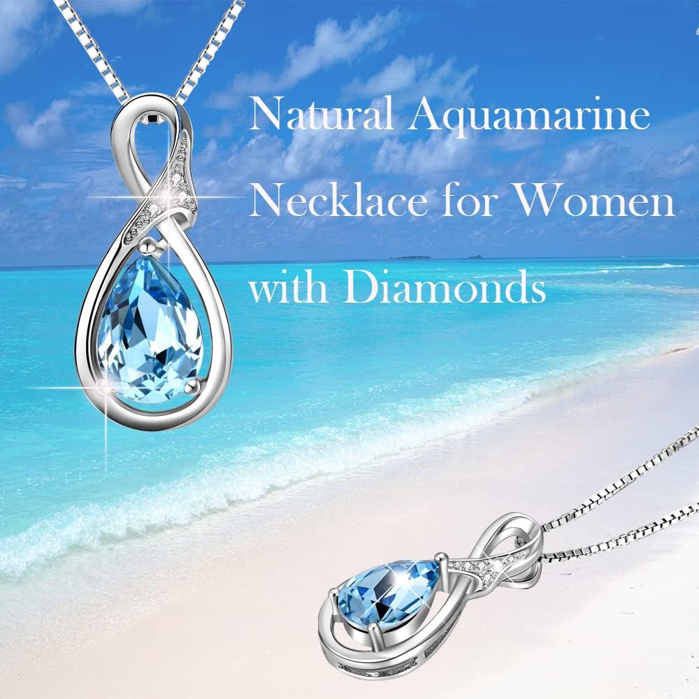 Diamond and Natural Aquamarine Sterling Silver Teardrop Necklace, Hypoallergenic Necklace, Anniversary Birthday Diamond Aquamarine Jewelry Gifts for Women,Gift for Mom - Image 5