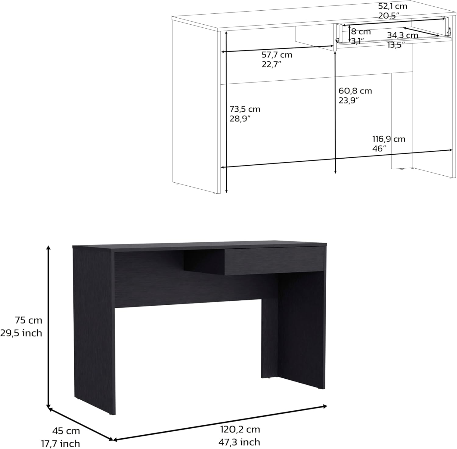 Technical drawing showing the dimensions of the Writing Computer Desk in centimeters and inches.