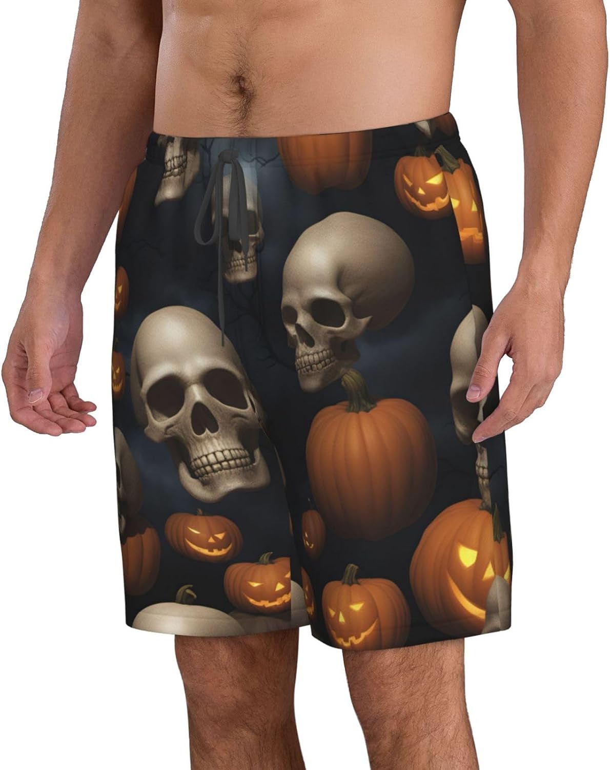 Mens Halloween Skull Print Beach Shorts,Casual Summer Shorts for Men,Quick Dry Polyester