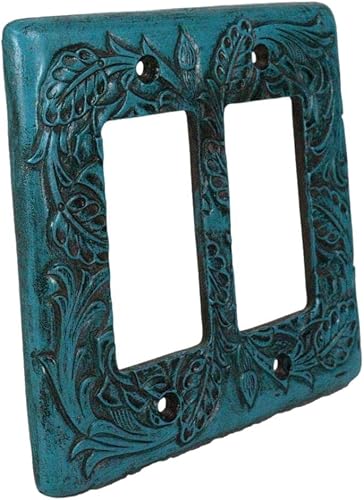 Miniatura 8 de Ebros Gift Juego de 2 rollos florales rústicos occidentales sobre fondo turquesa vintage, placa eléctrica de pared pintada a mano en 3D, accesorio