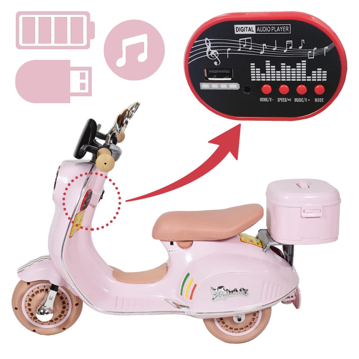Twinly - Scooter elettrico per bambini con caricabatterie, acceleratore a pedale e funzionalità USB, luce e MP3 Bluetooth (Rosa)
