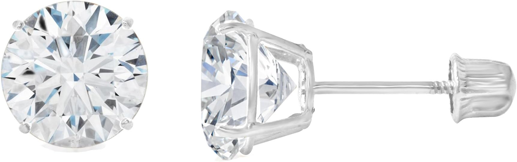 14K Yellow OR White Solid Gold Round Solitaire Cubic Zirconia CZ Stud Earrings Pair in Screw Back - Various Sizes