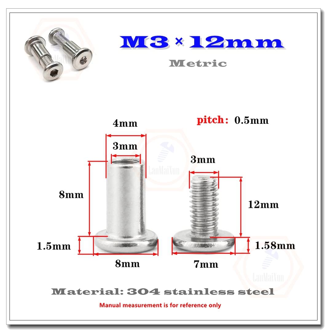 20 Set M3×12mm 304 Stainless Steel Large Flat Head Hexagonal Socket Screw clamp Bolt Furniture Bed Connection Locking Screw