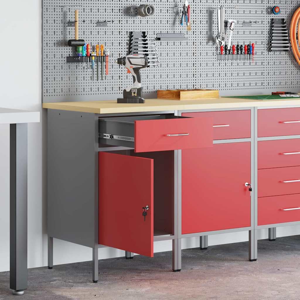 Mobile da lavoro, 2 pezzi, rosso e grigio, 100 x 55 x 85 cm, banco da lavoro, garage, tavolo da lavoro, fai da te, per officina, capannone, casa -B