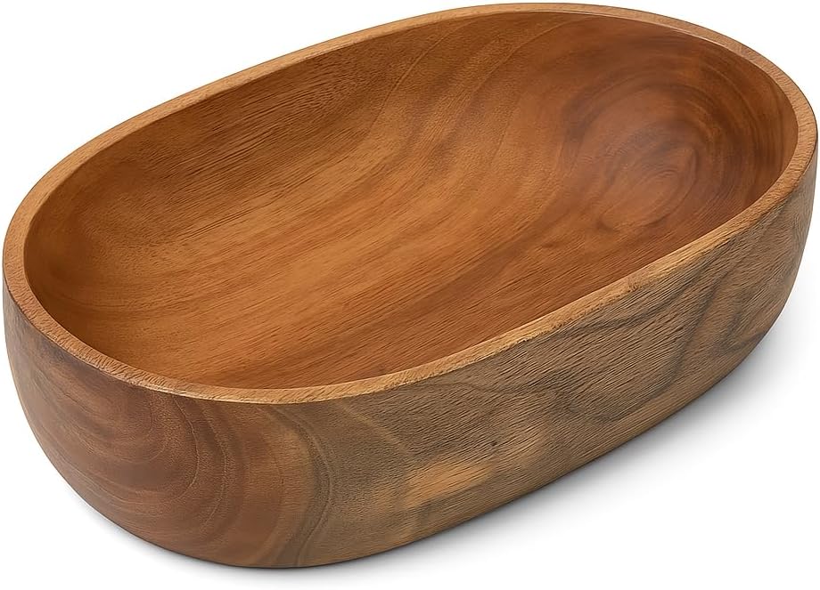 Wooden Oval Serving Bowl 8.5"x4" – Handcrafted Wooden Salad Bowl for Kitchen, Rustic Mixing Bowl, Natural Neem Soup Server, Antique Snack Dish, Organic Dinnerware, Farmhouse Cookware