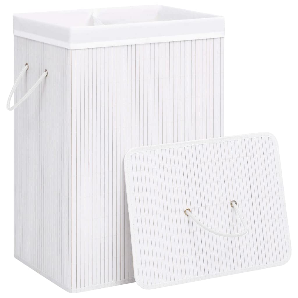 Cesto para la colada de bambú con 2 compartimentos, color blanco, 72 L, plegable y ahorra espacio, para cuarto de baño, dormitorio, lavandería, habitación infantil, con asas y bolsa extraíble