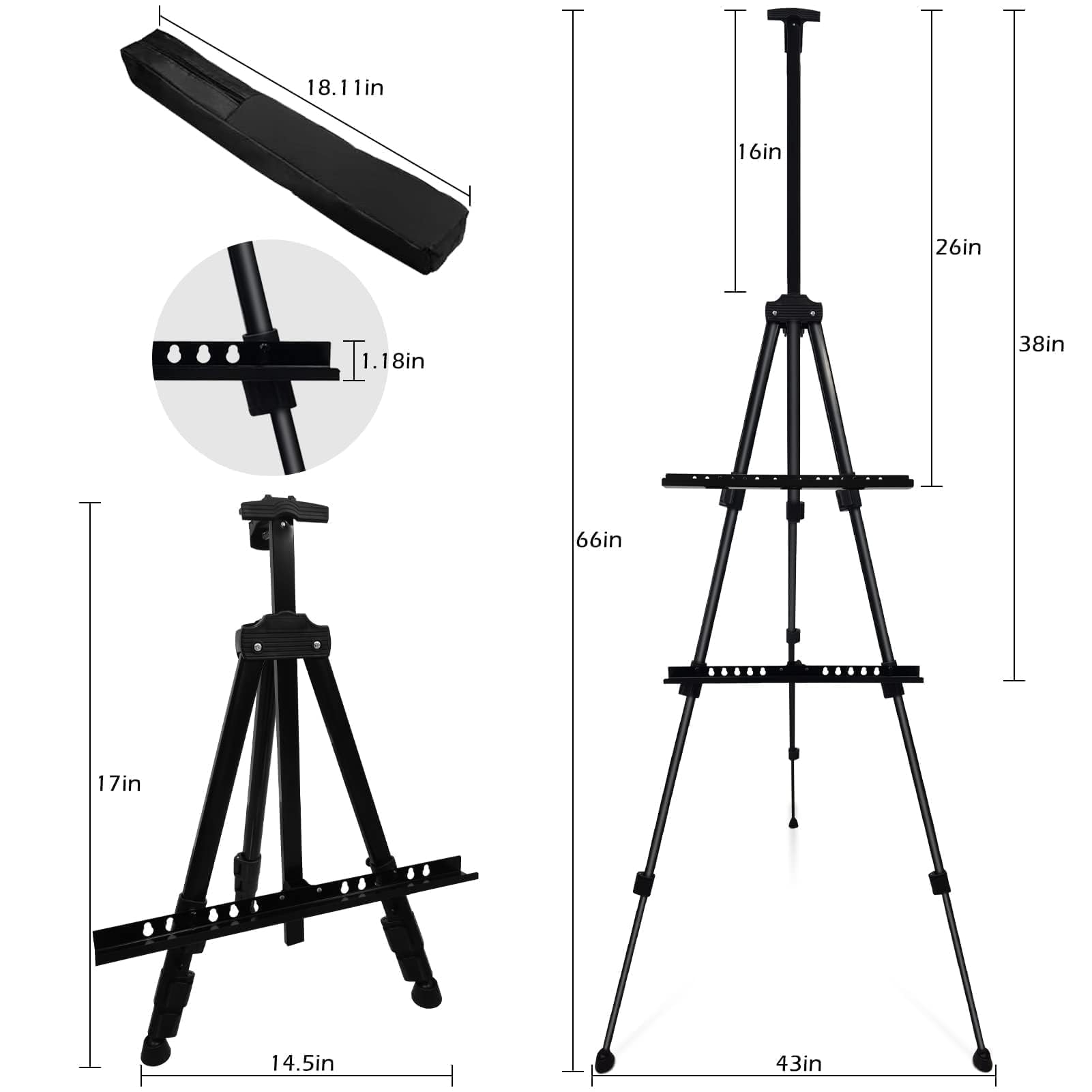 RRFTOK Caballete de artista, trípode de metal, caballete ajustable para pintar lienzos de altura de 17 a 66 pulgadas, bolsa de transporte para mesa / dibujo de piso y juego de manualidades (1 paquete)