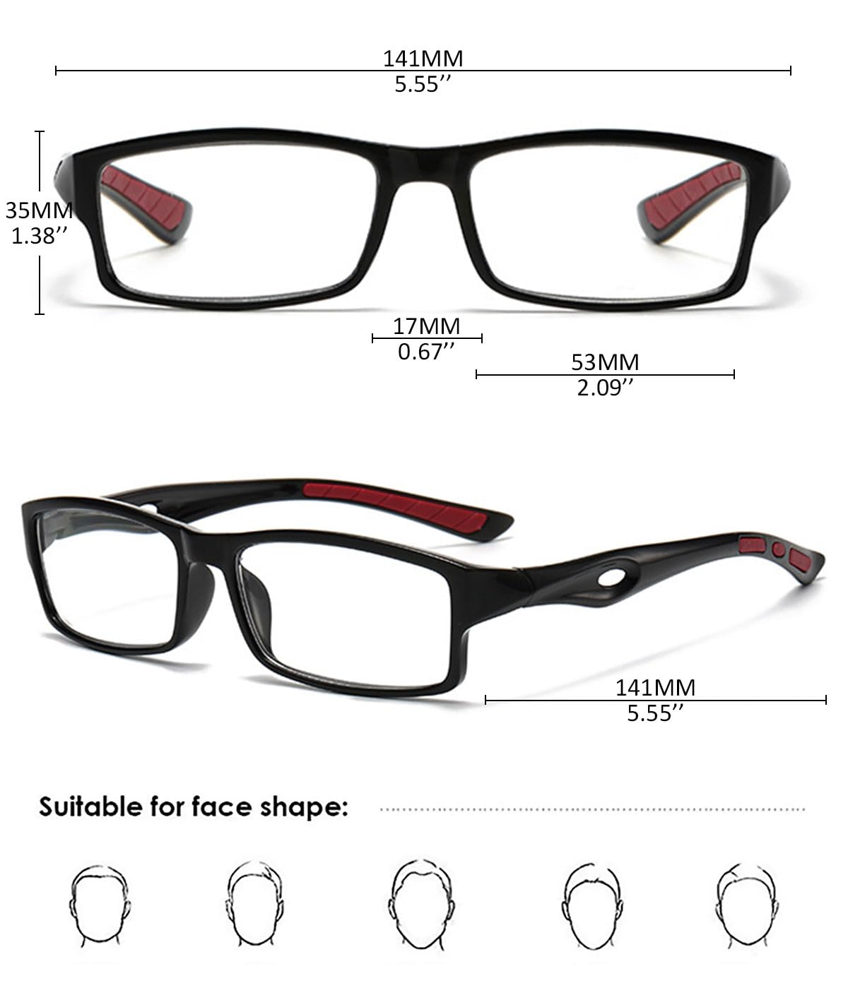 KOOSUFA Sport Lesebrille Anti Blaulicht Herren Damen Rechteckiger Arbeits Lesebrillen Lesehilfe Computerbrille Anti Müdigkeit Brille mit Stärke 0.0 1.0 1.5 2.0 2.5 3.0 3.5 4.0