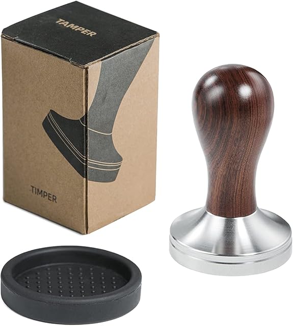 Coffee Tamper 51mm Espresso Press with Tamper Mat 304 Stainless Steel Flat Base Wooden Handle for Coffee Grounds Barista Espresso Machines Accessory