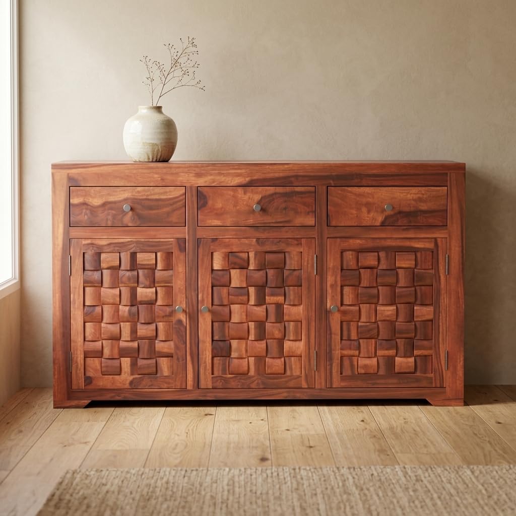Solid Sheesham Wood Sideboard Cabinet with Woven Textured Doors & 3 Drawers | Large Storage Credenza Buffet Server Table for Living Room, Dining Room & Entryway | Honey/Teak Finish-image-6
