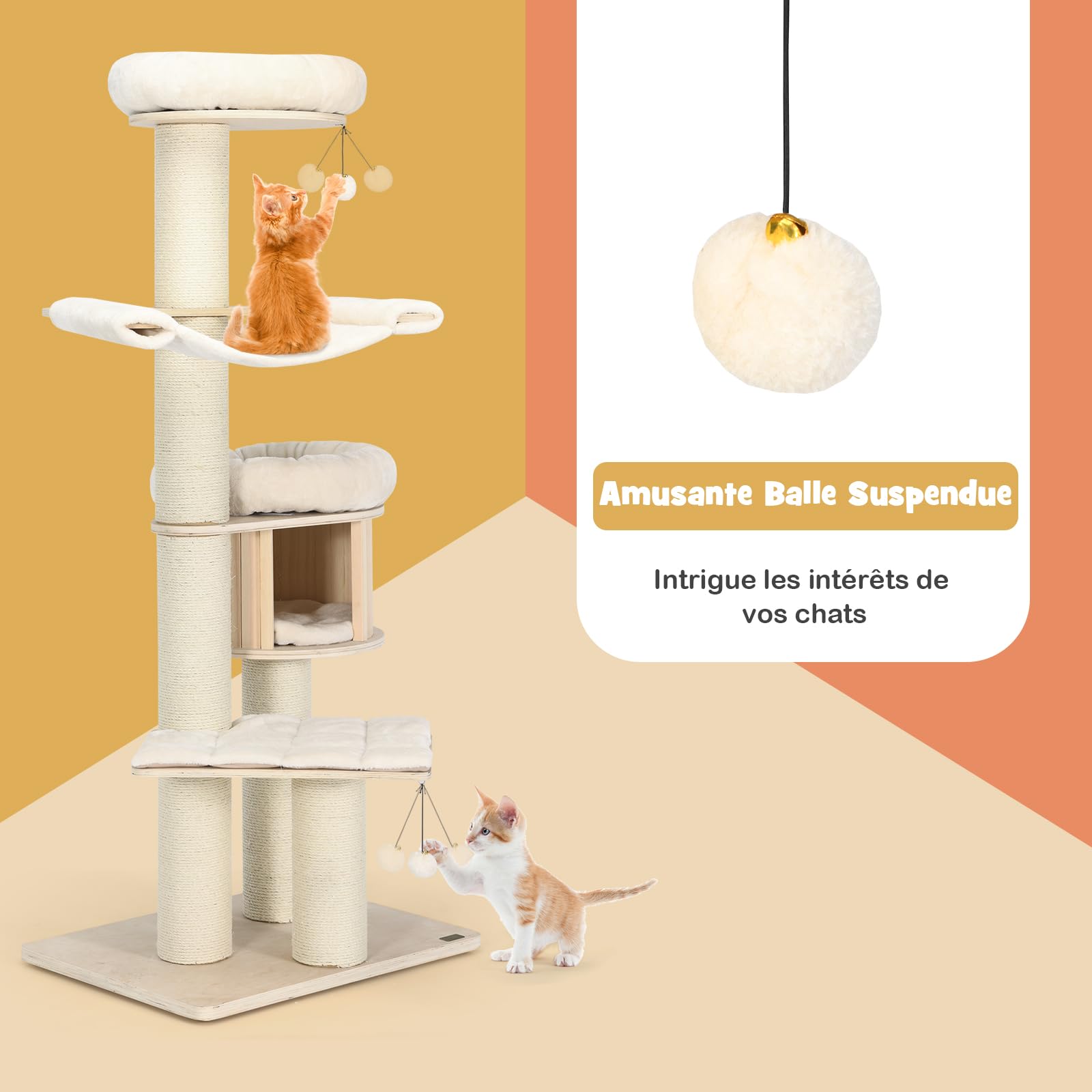 GOPLUS - Árbol de Gato de Madera de 5 Niveles 174 cm con Cojín de Felpa, Multicapa con Rascadores, Hamaca, Condominio Privado con Cama, Percha Alta para Descansar y Jugar