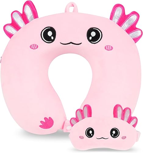Vista 7 de Almohada de viaje, almohada de viaje para niños con máscara de ojos para dormir, almohada de espuma viscoelástica suave para niños y niñas, Ajolote