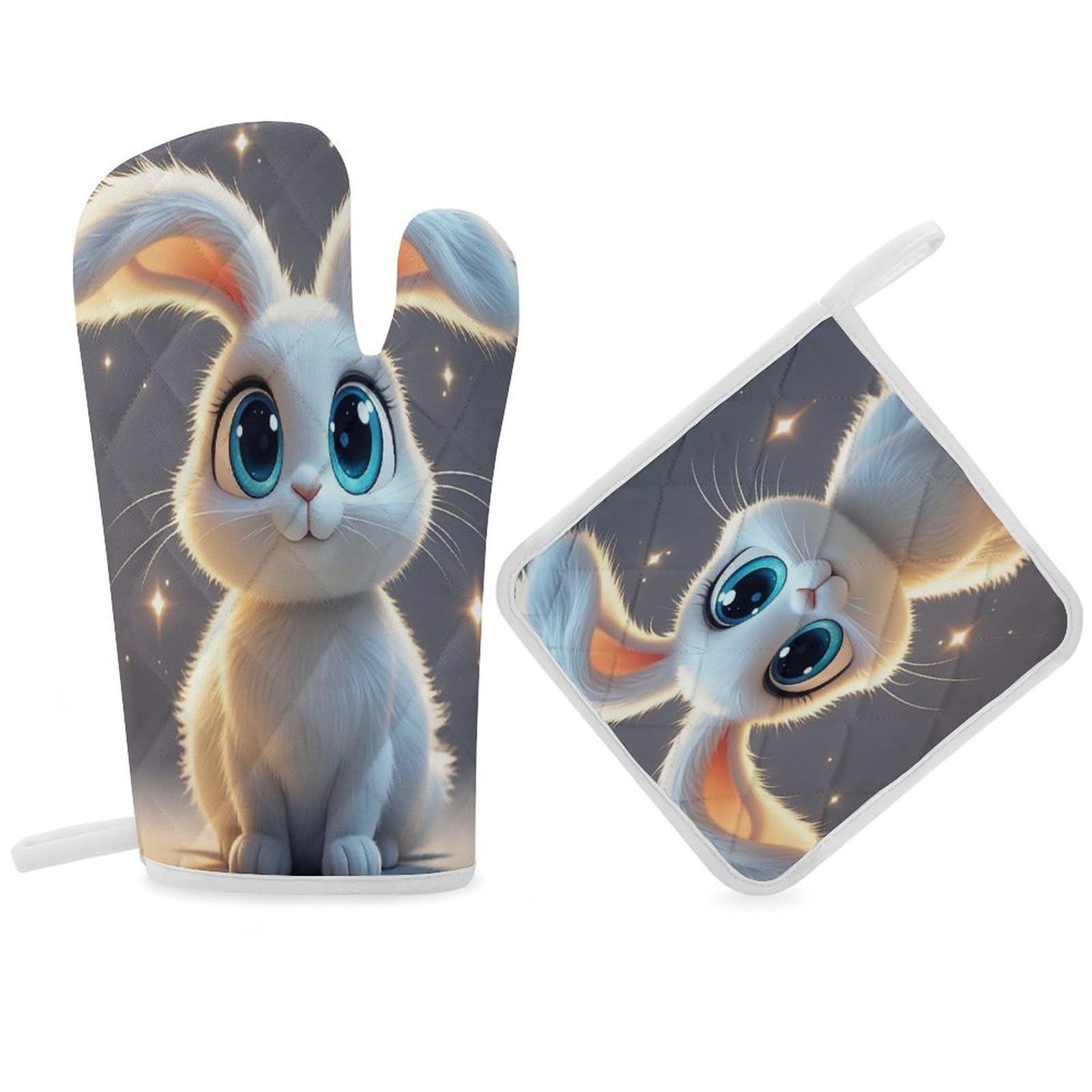 Cute Cartoon Rabbit Oven Mitt Gloves and Heat Insulation Pads Double-Layer Thickened Heat Insulation Mitt Temperature Oven Gloves for Cooking Baking Grilling