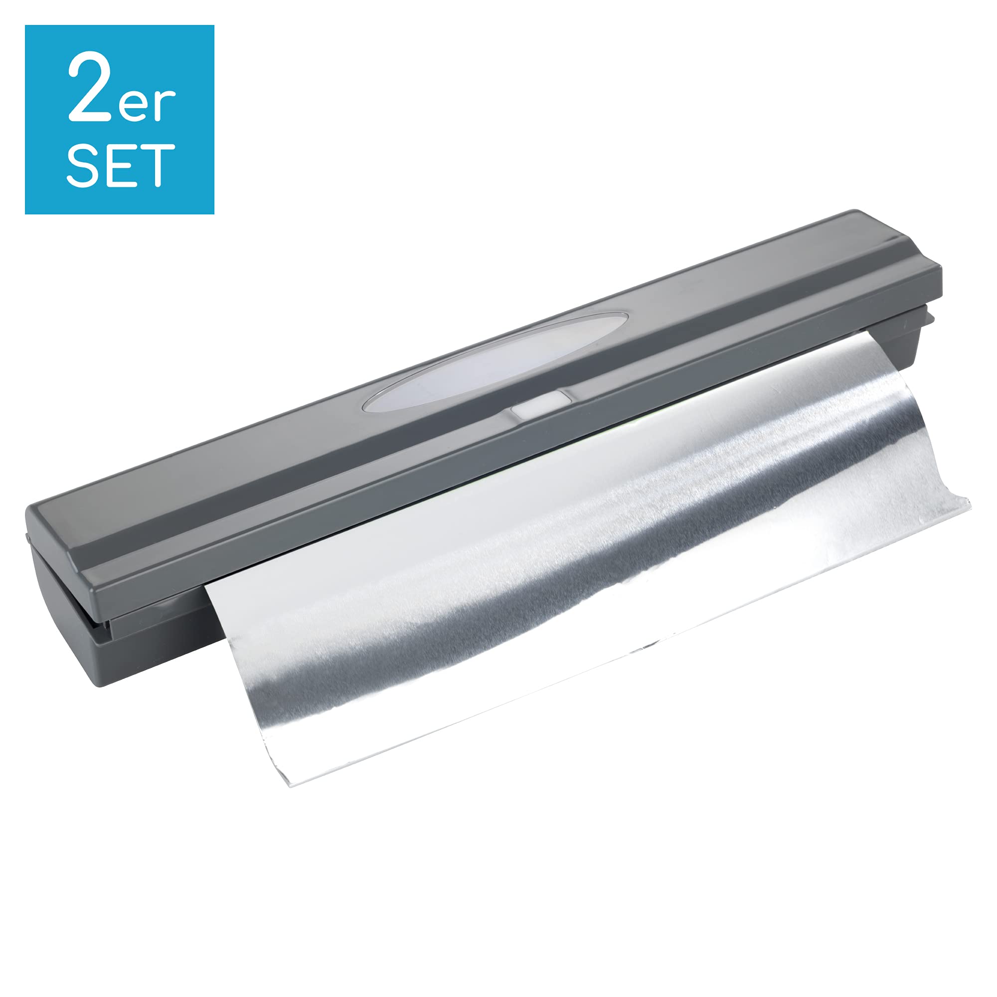 Folienschneider Press & Cut, 2er Set (Grau) | Für Alu- oder Frischhaltefolie, Praktisches Sichtfenster
