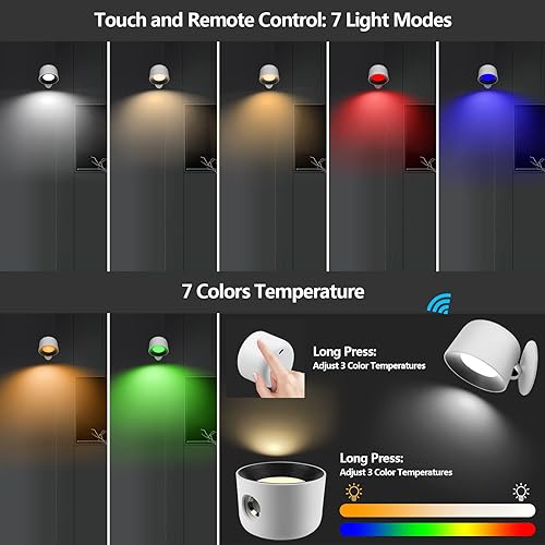 Miniatura 3 de Aisuo Luz de pared LED, luz táctil y de control remoto, 7 temperaturas de color y 5 niveles de brillo, bola giratoria de 360 grados, batería