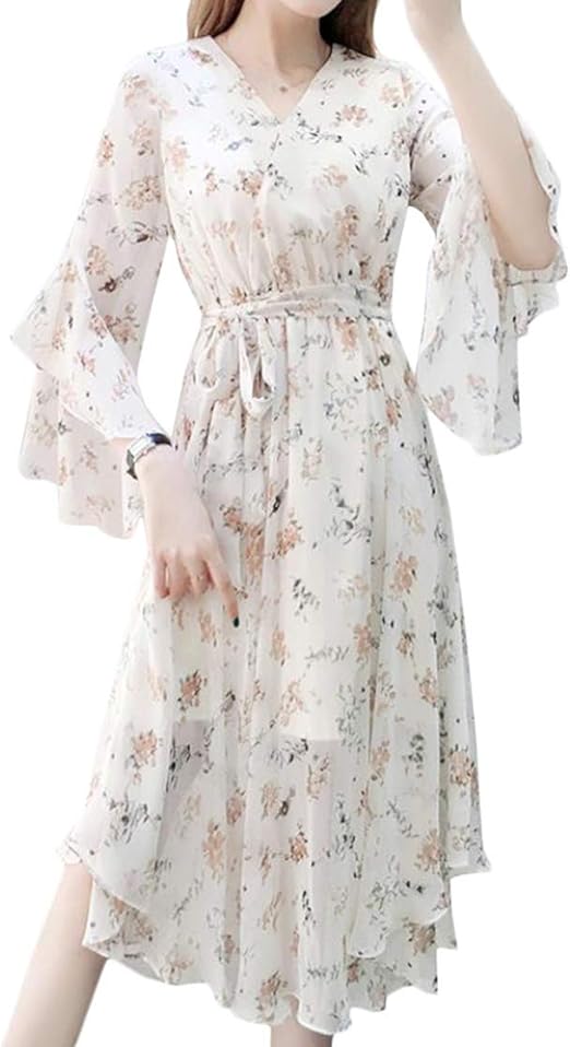 Amazon Co Jp ｊｑｂｆｌワンピース レディース 花柄 シフォンワンピース 半袖 Vネック きれいめ ロングワンピース フレア 森ガール 可愛い リゾートワンピース 大きいサイズ 夏物 服 ファッション小物