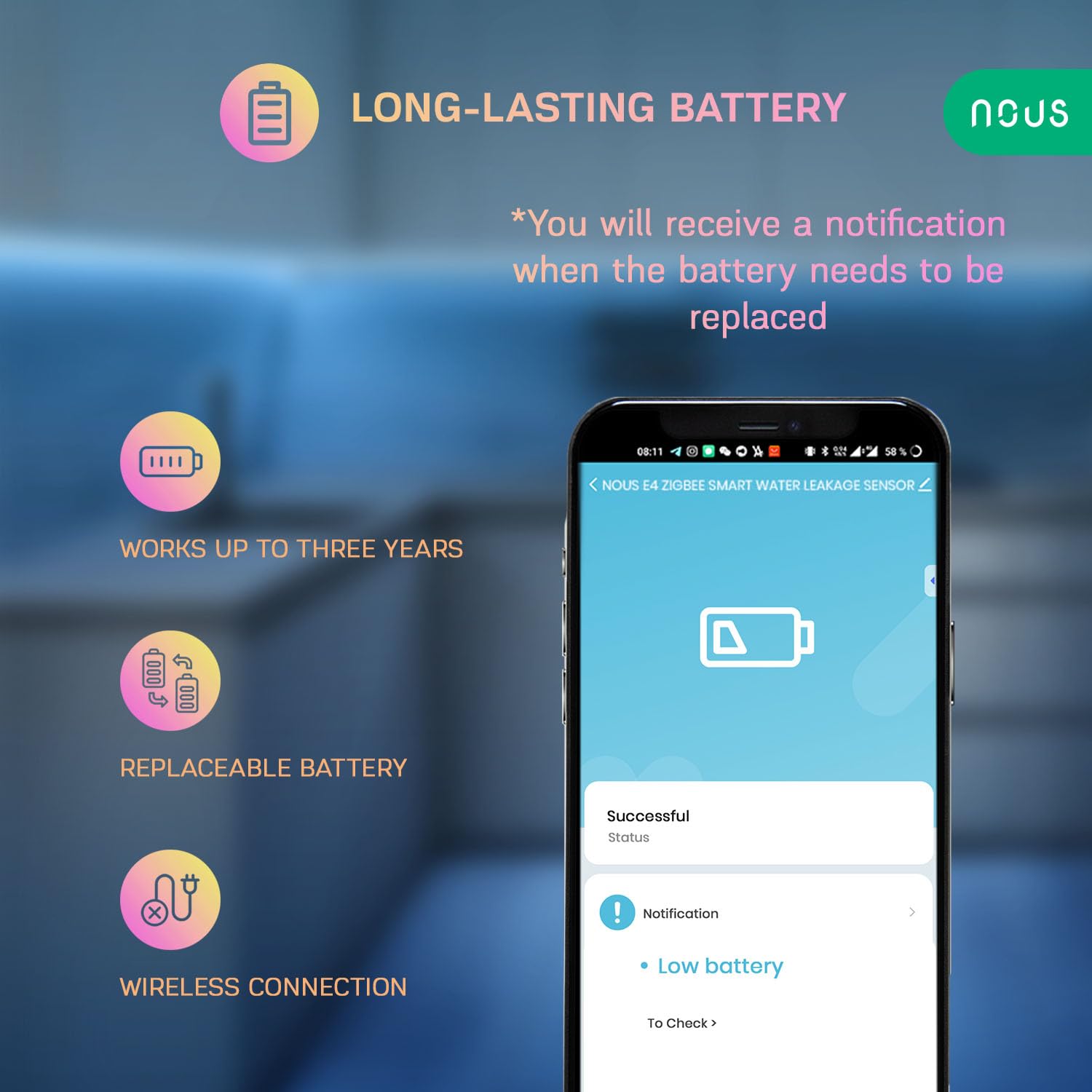 NOUS E4 ZigBee Smart Water Leakage Sensor, Natychmiastowe Wykrywanie Wycieków, Kompatybilny z Alexa, Google Home, Home Assistant, Tuya