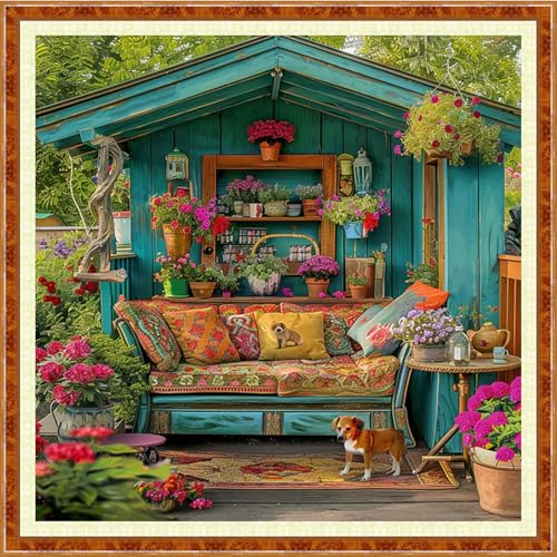 Image of Joyhoor Stamped Cross Stitch Kits for Beginners Needlepoint Kits for Adults Embroidery Kits 11CT Counted Cross Stitch Kits Printed Embroidery Pattern-A Corner of a Beautiful Garden 18x18 inch