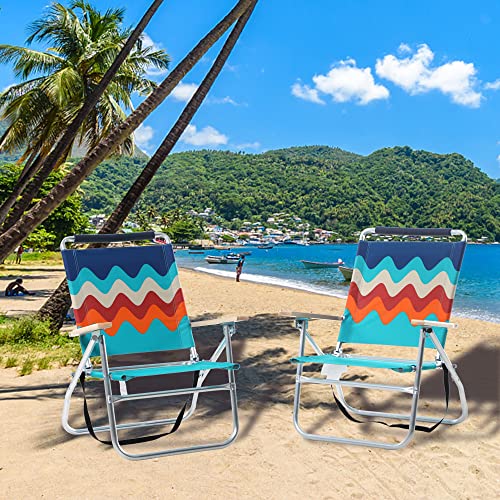 Green Party Beach Chair 2 Pack Aluminum Lightweight Folding Reclining Beach Chair With 3 Positions, Cooler Bag, And Wooden Armrest For Outdoor Camping Lawn, Support 250Lbs, Blue #TOP1
