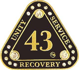 (1-55 Years) AA 43 Years "Midnight Crystals" Triangle Medallion- Alcoholics Anonymous Coin, AA Sobriety Bling Medallion, Triangular Sobriety Metal Chip, Golden, Black and Clear Crystals