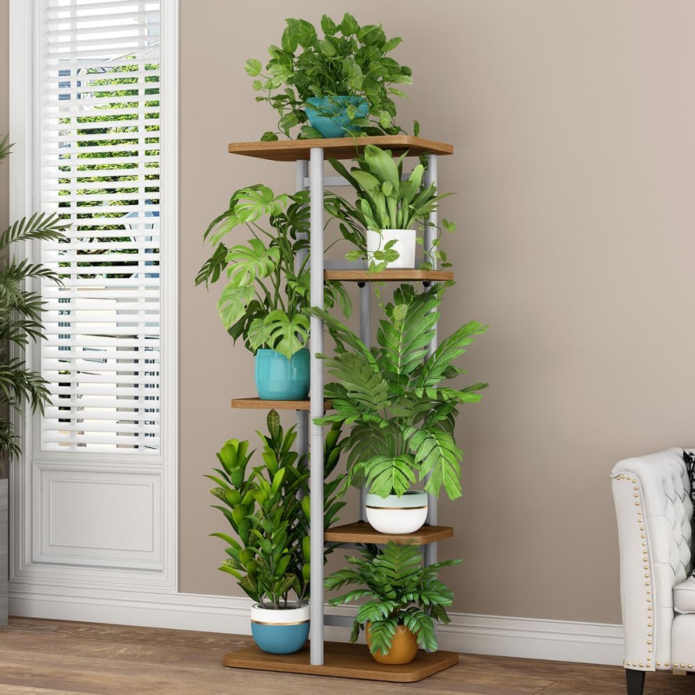GarveeMore Corner Plant Stand 5 Tier Metal Wood Space Saving Display Rack