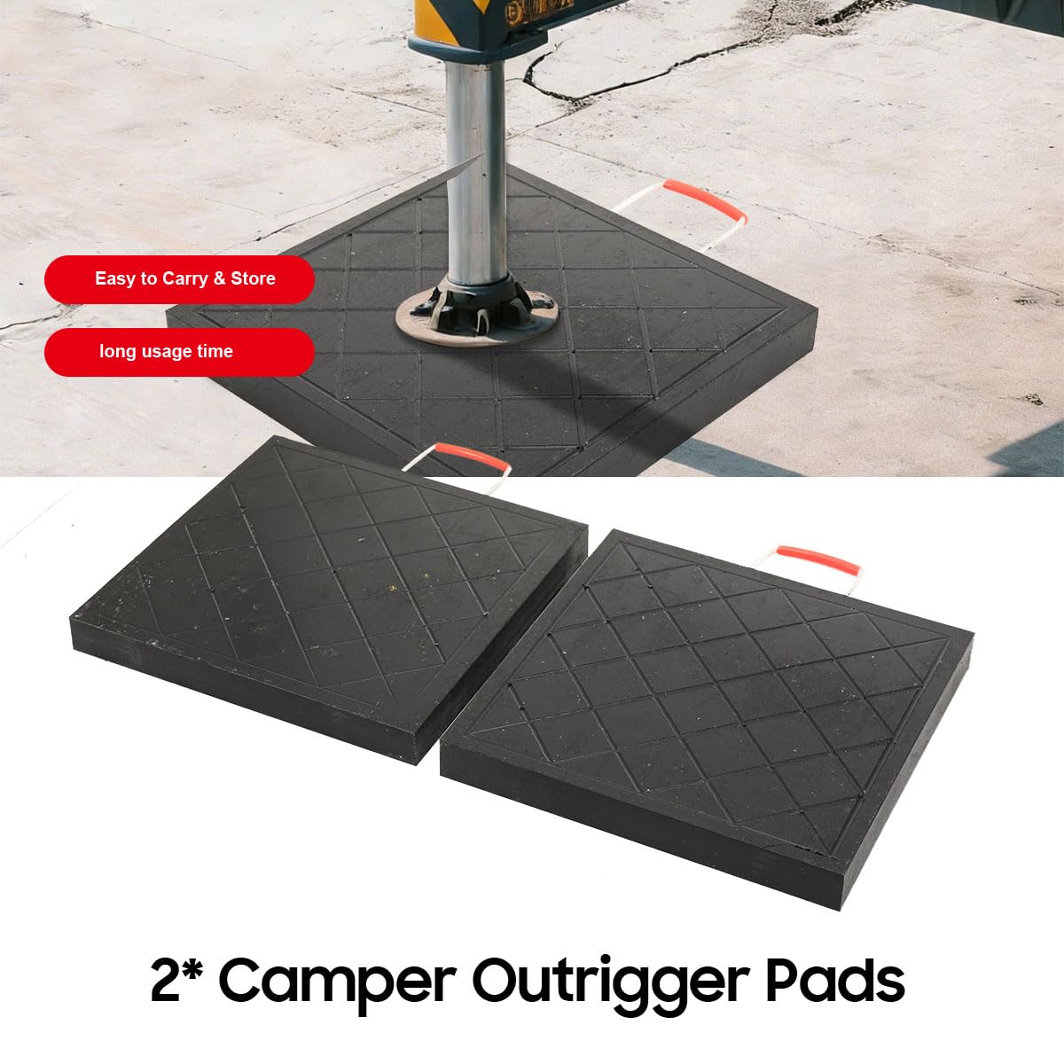 Lot de 2 plaques de support empilables, avec poignée en corde, Plaques de calage Patins de calage 40×40×4,5cm, Jack Pads - Plaques de support pour caravane, camping-car, béquille grues