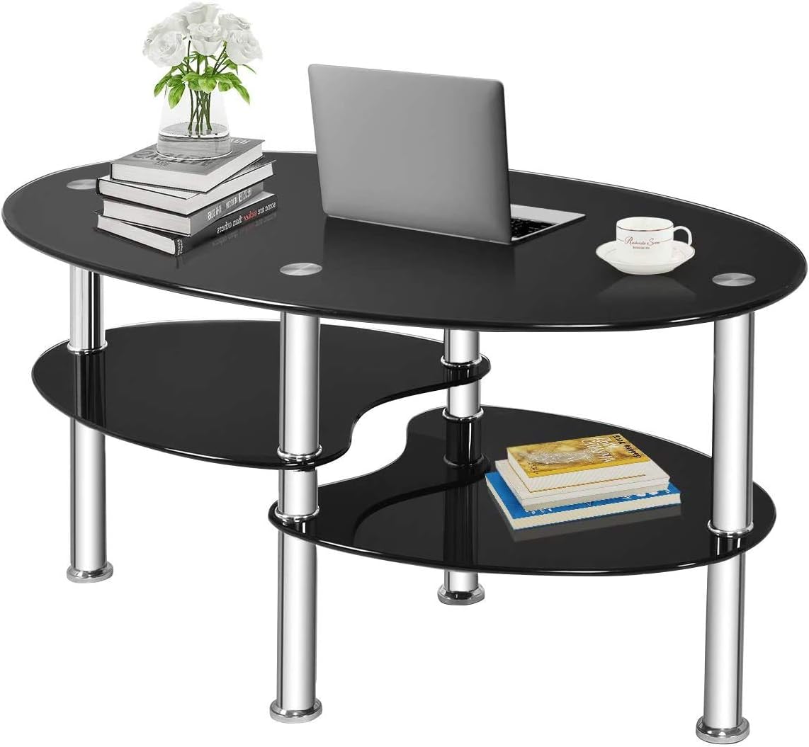 FANTASK Tempered Glass Coffee Table, Oval 3-Tier Steel Tea Table w/Spacious Glass Desk-Top, Open Storage Shelf, Modern End Side Table for Home Living Room Office Reception (Black Glass)