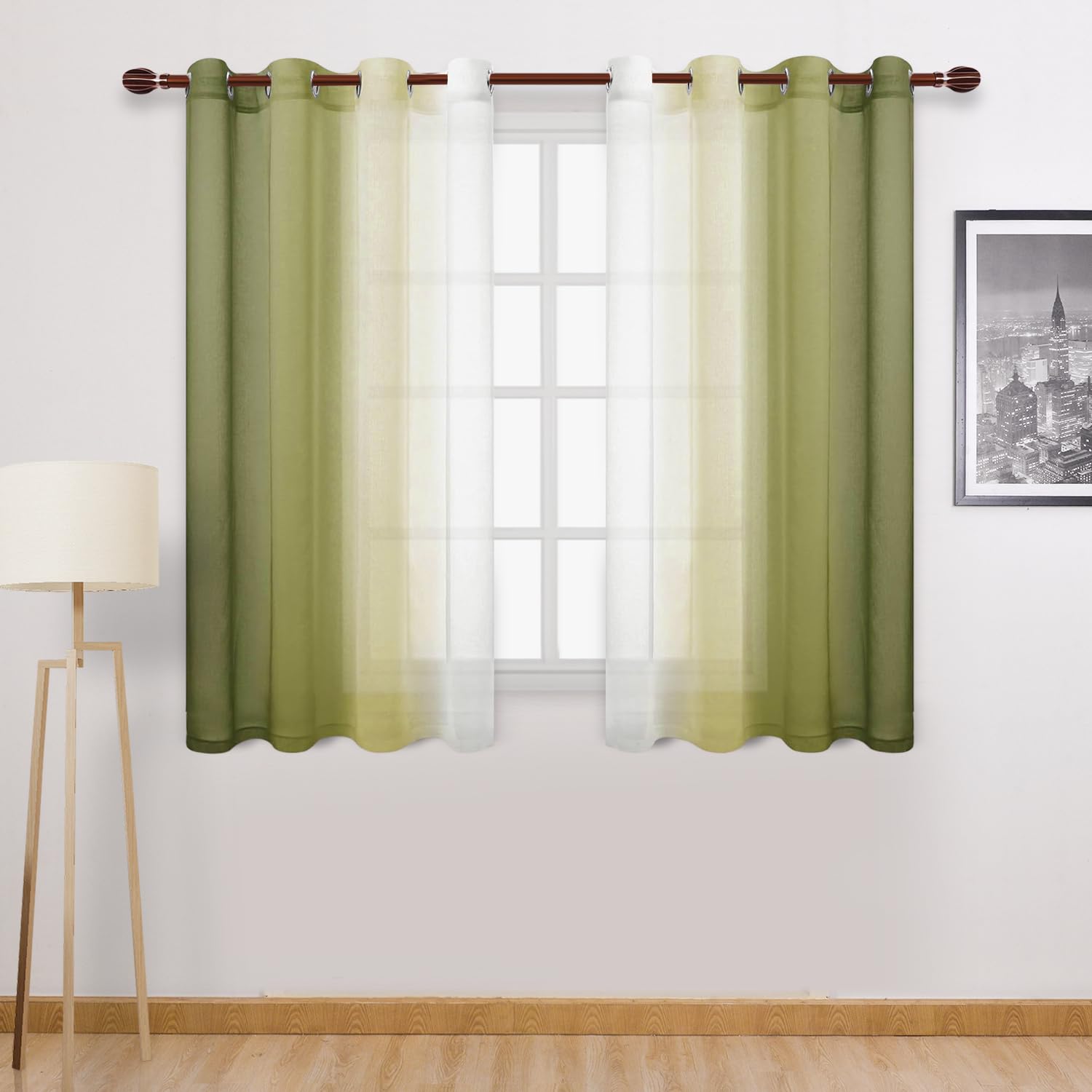 DWCN Ombre Short Sheer Curtains - Faux Linen Semi Voile Gradient Light-Filtering Bedroom and Living Room Curtains, Set of 2 Grommet Top Window Drape Panels, 52 x 45 Inch Length, Olive Green โ image 1