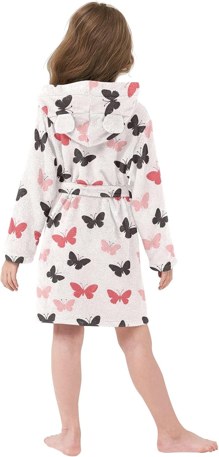 Red Black Butterfly Toddler Hooded Bathrobe for Boys Girls Soft Plush Bath Towel Robe 2-12 Years