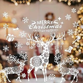 Vacoulery Christmas Window Stickers Xmas Reindeer Snow Flakes Wall Stickers Decals Removable PVC Door Sticker for Christmas, Holiday Decoration